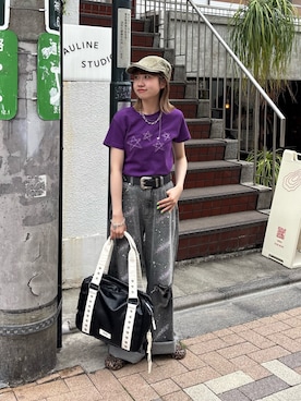 「CIAOPANIC（チャオパニック）の【2サイズ展開】スターワッペンTee（Tシャツ/カットソー、パープル系）」を使った、ナクラリンさん（レディース・153cm）の夏コーディネート