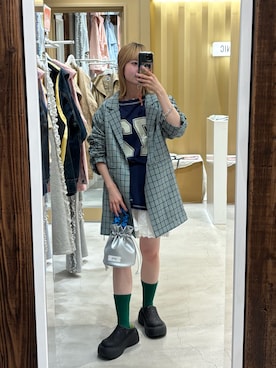 「CIAOPANIC（チャオパニック）の袖ギャザーチェックグランパジャケット（テーラードジャケット）」を使った、ナクラリンさん（レディース・153cm）の秋コーディネート