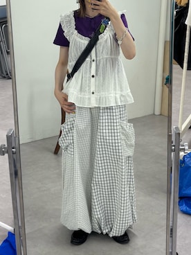 「CIAOPANIC（チャオパニック）の【2サイズ展開】スターワッペンTee（Tシャツ/カットソー、パープル系）」を使った、ナクラリンさん（レディース・153cm）の夏コーディネート