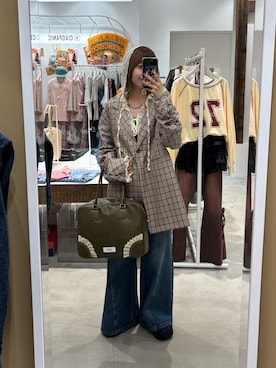 「CIAOPANIC（チャオパニック）の袖ギャザーチェックグランパジャケット（テーラードジャケット）」を使った、ナクラリンさん（レディース・153cm）の秋コーディネート