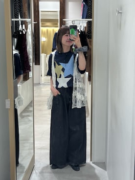 「CIAOPANIC（チャオパニック）のスターパッチワークTee（Tシャツ/カットソー、ブルー系）」を使った、ナクラリンさん（レディース・153cm）の夏コーディネート