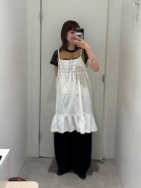 「CIAOPANIC（チャオパニック）の袖レースナンバリングボーダーラグランTee（Tシャツ/カットソー、ブラウン系）」を使った、ナクラリンさん（レディース・153cm）の夏コーディネート