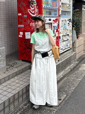 「CIAOPANIC（チャオパニック）の【2サイズ展開】アートプリントTEE（Tシャツ/カットソー、グリーン系）」を使った、ナクラリンさん（レディース・153cm）の夏コーディネート