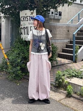「CIAOPANIC（チャオパニック）のAIRロゴ5パネルキャップ（キャップ、ブルー系）」を使った、ナクラリンさん（レディース・153cm）の夏コーディネート