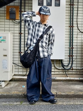 「SHINYAKOZUKA（シンヤコヅカ）のKNITTED FIRE FIGHTER'S CAP(ISSUE#8)（キャップ、ブラック系）」を使った、hotoさん（メンズ・165cm）の春コーディネート