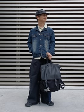 「ETELIO（エテリオ）の2タックTRツイルワイドバギースラックス（スラックス、ブラック系）」を使った、hotoさん（メンズ・165cm）の春コーディネート