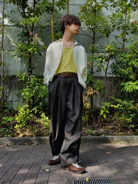 「ZARA（ザラ）のストライプフレアーデザインシャツ（シャツ/ブラウス、グリーン系）」を使った、hotoさん（メンズ・165cm）の春コーディネート