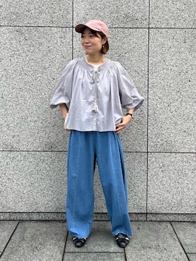 「conges payes ADIEU TRISTESSE（コンジェ ペイエ アデュートリステス）のichiro yamaguchi. コラボキャップ（キャップ、パープル系）」を使った、ADIEU TRISTESSEさん（レディース・165cm）の夏コーディネート