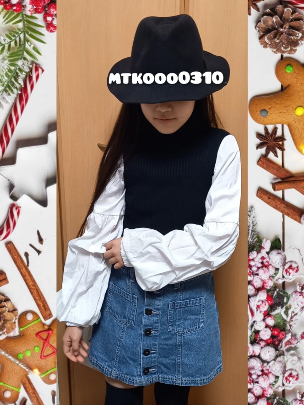 「冬コーデ、プチプラ」｜「repipi armarioのツイルストレッチデニムスカート（デニムスカート、ブルー系）」を使った、mtkooo0310さん（キッズ・140cm）の冬コーディネートの1枚目の写真