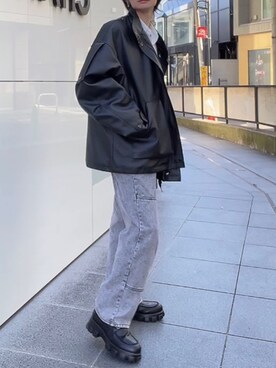 「韓国コーデ」｜「アイテム（ライダースジャケット）」を使った、ゆのさん（メンズ・173cm）の冬コーディネート