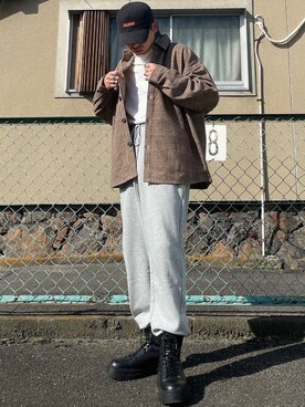 「チェック柄に恋してる」｜「アイテム（スウェットパンツ）」を使った、꽃/hanangさん（メンズ・168cm）の秋コーディネート