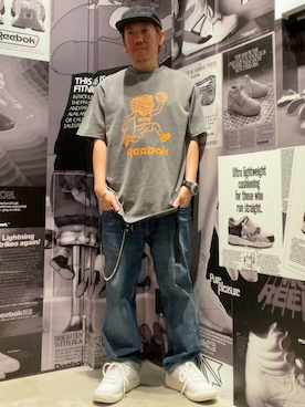 「Reebok（リーボック）のクラシックス ベクター フラット ピーク キャップ / Classics Vector Flat Peak Cap（キャップ、ブラック系）」を使った、KAZUさん（メンズ・161cm）の夏コーディネート