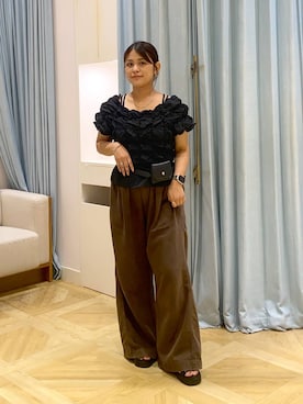 「LOWRYS FARM（ローリーズファーム）のスタイルＵＰクロスカップキャミ　100757（Tシャツ/カットソー、ブラック系）」を使った、nope110さん（レディース・158cm）の夏コーディネート