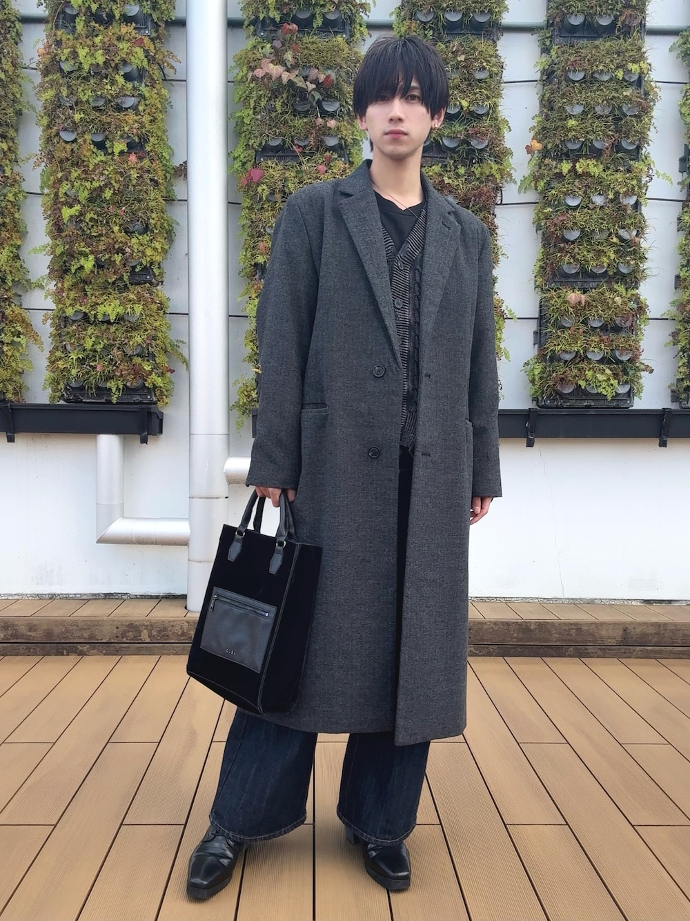 [CLEL】ウールブレンド ヘリンボーンツイードコート ブラック系 XS CLEL】Wool Blend Herringbone Tweed Coat / ウールブレンド