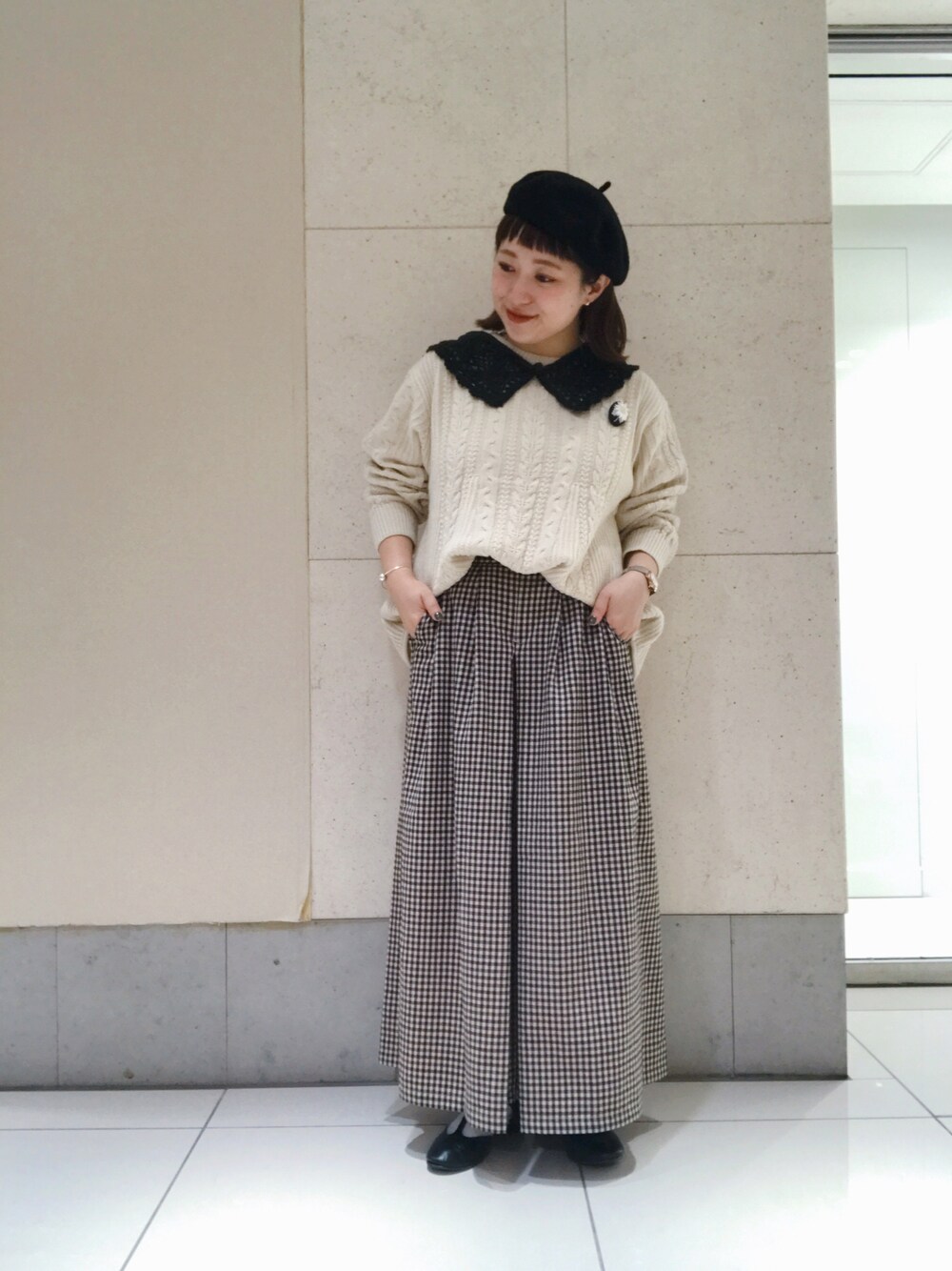 「チェック、ワントーンコーデ、秋のコーデ、ケーブルニット、ootd、今日のコーデ、Samansa Mos2」｜「Samansa Mos2の柄アソートワイドパンツ（その他パンツ、ブラウン系）」を使った、たわしさん（レディース・151cm）の秋コーディネートの1枚目の写真