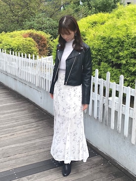 「フェミニンコーデ」｜「アイテム（ライダースジャケット）」を使った、mayuさん（レディース・155cm）の秋コーディネート