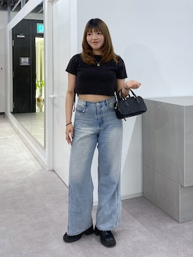 「FREE'S MART（フリーズマート）の◆ヴィンテージ加工サイドベルトＴ（Tシャツ/カットソー、ブラック系）」を使った、RINKAさん（レディース・165cm）の春コーディネート
