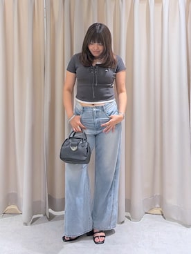 「FREE'S MART（フリーズマート）の◆レースアップレイヤード風半袖カットソー（Tシャツ/カットソー、ブラック系）」を使った、RINKAさん（レディース・165cm）の夏コーディネート