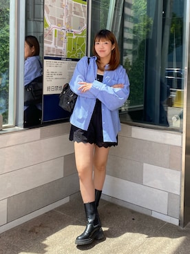 「FREE'S MART（フリーズマート）の◇袖シャーリングオーバーシャツ（シャツ/ブラウス、ブルー系）」を使った、RINKAさん（レディース・165cm）の春コーディネート