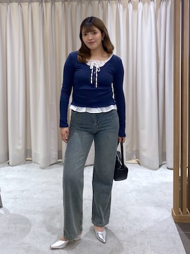 「FREE'S MART（フリーズマート）の◇レイヤード風フリルリボンカットソー（Tシャツ/カットソー、ブルー系）」を使った、RINKAさん（レディース・165cm）の春コーディネート