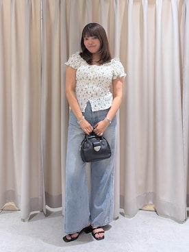 「FREE'S MART（フリーズマート）の◆フレンチスリーブジャガードカットソー（Tシャツ/カットソー、ホワイト系）」を使った、RINKAさん（レディース・165cm）の夏コーディネート