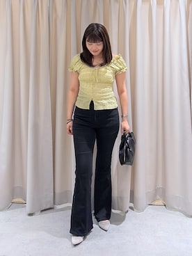 「FREE'S MART（フリーズマート）の◆フレンチスリーブジャガードカットソー（Tシャツ/カットソー、イエロー系）」を使った、RINKAさん（レディース・165cm）の夏コーディネート