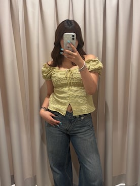 「FREE'S MART（フリーズマート）の◆フレンチスリーブジャガードカットソー（Tシャツ/カットソー、イエロー系）」を使った、RINKAさん（レディース・165cm）の夏コーディネート