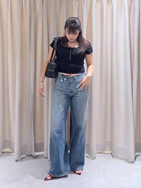 「FREE'S MART（フリーズマート）の◆キャミレイヤード風ヘンリーネックカットソー（Tシャツ/カットソー、ブラック系）」を使った、RINKAさん（レディース・165cm）の夏コーディネート