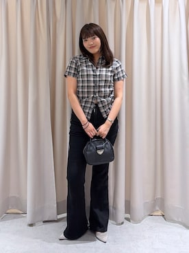「FREE'S MART（フリーズマート）の◆ドロストチェックシャツ（シャツ/ブラウス、ブラック系）」を使った、RINKAさん（レディース・165cm）の夏コーディネート
