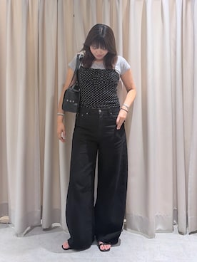 「FREE'S MART（フリーズマート）の◆針抜きテレコＴシャツ×アソートキャミセット（Tシャツ/カットソー、ブラック系）」を使った、RINKAさん（レディース・165cm）の夏コーディネート