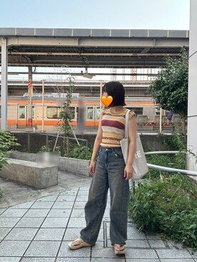 「KBF（ケイビーエフ）のマルチボーダーノースリーブニット（ニット/セーター、ベージュ系）」を使った、aammさん（レディース・160cm）の夏コーディネート