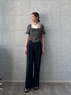 「CODE A（コードエー）のpolka dot blouse（シャツ/ブラウス、ブラック系）」を使った、uchi__yamaさん（レディース・170cm）の夏コーディネート