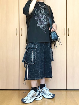 「cussil（クシル）の【cussil/クシル】硫化スノー加工ヴィンテージグラフィックプリント半袖Tシャツ（Tシャツ/カットソー）」を使った、kazukiさん（メンズ・174cm）の夏コーディネート