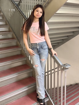 「GYDA（ジェイダ）のgy bijou Tシャツ（Tシャツ/カットソー、ピンク系）」を使った、rimikaさん（レディース・157cm）の春コーディネート