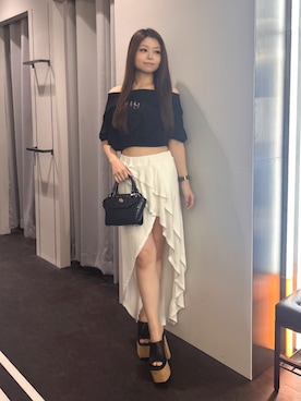 「GYDA（ジェイダ）のコルクチャンキーサンダル（サンダル、ホワイト系）」を使った、rimikaさん（レディース・157cm）の夏コーディネート