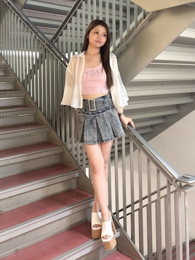 「GYDA（ジェイダ）のシアーショートシャツ（シャツ/ブラウス、ホワイト系）」を使った、rimikaさん（レディース・157cm）の夏コーディネート