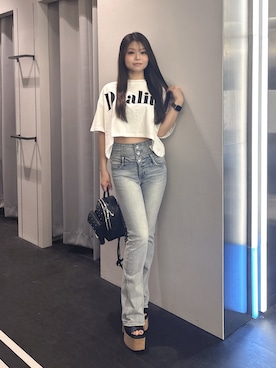 「GYDA（ジェイダ）のDualityルーズショートTシャツ（Tシャツ/カットソー、ホワイト系）」を使った、rimikaさん（レディース・157cm）の夏コーディネート