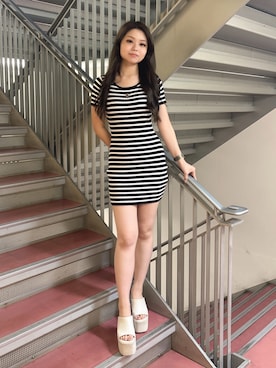 「GYDA（ジェイダ）のSymmetry GYDAプレートハーフスリーブニットワンピース（ワンピース、その他）」を使った、rimikaさん（レディース・157cm）の春コーディネート