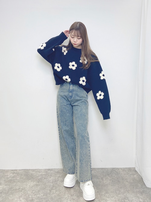 【45R】45rpm ウール100% 花柄ジャガードニットベスト インディゴ 2 花柄ジャガードニットカーディガン