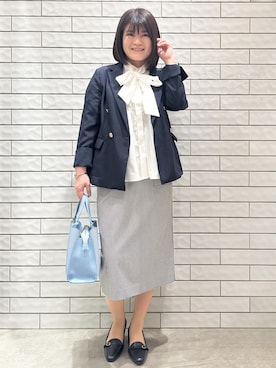 「index（インデックス）の【接触冷感】ダブルブレストテーラードジャケット《吸水速乾/イージーアイロン/防シワ/洗濯機OK》（テーラードジャケット、ブルー系）」を使った、MINさん（レディース・155cm）の春コーディネート