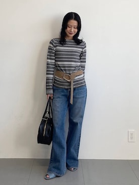 「BABYLONE（バビロン）のギンガム柄プルオーバー（Tシャツ/カットソー、ブラック系）」を使った、bl_misatoさん（レディース・159cm）の冬コーディネート