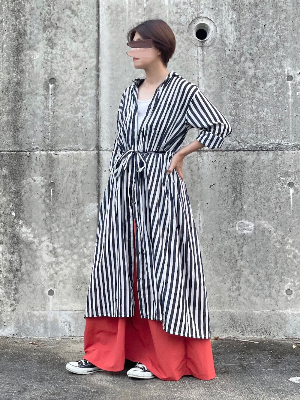 「ストライプワンピース、ワンピース、ロングスカート、LEE、GRAMICCI、グラミチ、コンバース、大人カジュアル、chacocloset、チャコクローゼット、きれいめカジュアル」｜「Chaco closetのアイテム（ワンピース/ドレス、その他）」を使った、𝑴𝒂さん（レディース・160cm）の夏コーディネートの1枚目の写真