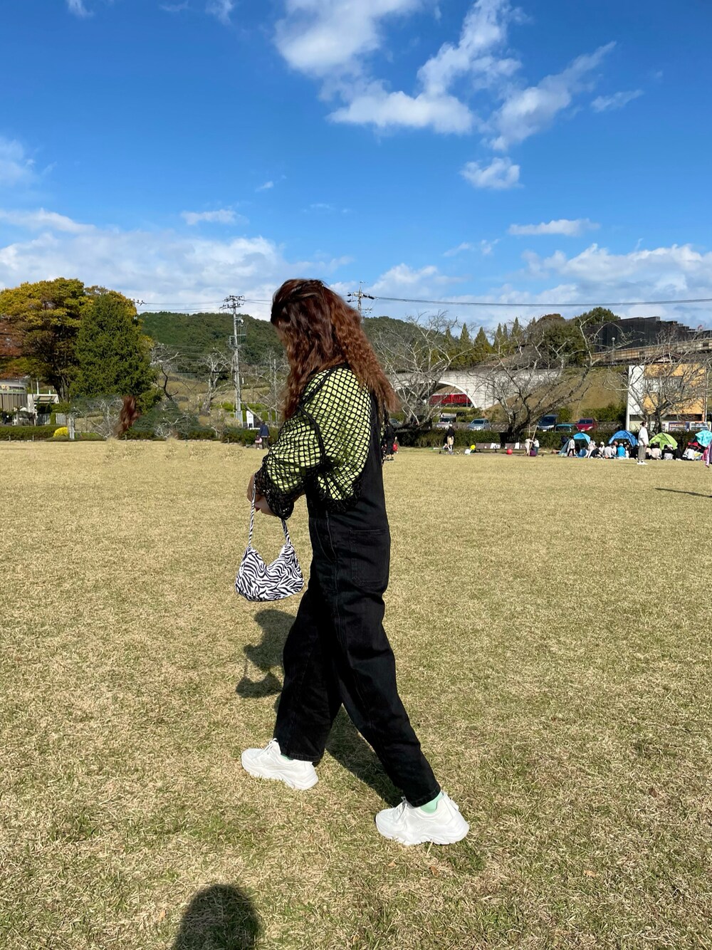 「オトナカジュアル、サロペット、GU、GUコーデ、グリーン、グリーンコーデ、シャツスタイル、シャツ、メッシュ、メッシュトップス、ピクニック、ピクニックコーデ、プチプラ、プチプラコーデ、カラーコーデ」｜「GUのアイテム（オールインワン・サロペット、ブラック系）」を使った、erinko（@_mico.com_）さん（レディース・161cm）の秋コーディネートの1枚目の写真