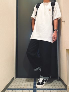 「Carhartt（カーハート）のcarhartt/カーハート Workwear ビッグシルエット 胸ポケット ロゴワッペン  半袖Tシャツ（Tシャツ/カットソー）」を使った、@soranoさん（メンズ・177cm）の夏コーディネート