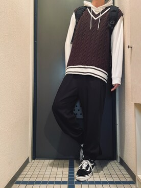 「アイテム（ニット/セーター、ブラウン系）」を使った、@soranoさん（メンズ・177cm）の秋コーディネート