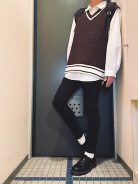 「アイテム（ニット/セーター、ブラウン系）」を使った、@soranoさん（メンズ・177cm）の秋コーディネート