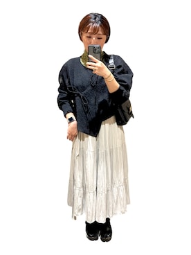 「KBF（ケイビーエフ）のアイテム（ノーカラージャケット）」を使った、April Wuさん（レディース・165cm）の夏コーディネート