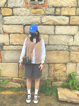 「アイテム（ダウンベスト、ブラウン系）」を使った、hsinbaさん（レディース・165cm）の冬コーディネート