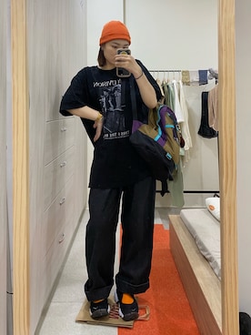「アイテム（ニットキャップ/ビーニー、オレンジ系）」を使った、Emily さん（レディース・162cm）の夏コーディネート