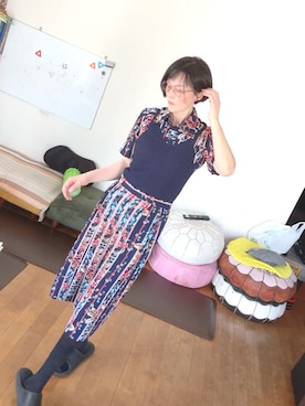 「VINTAGE（ヴィンテージ）のアイテム（スカート、ブルー系）」を使った、T.Iさん（レディース・166cm）の夏コーディネート